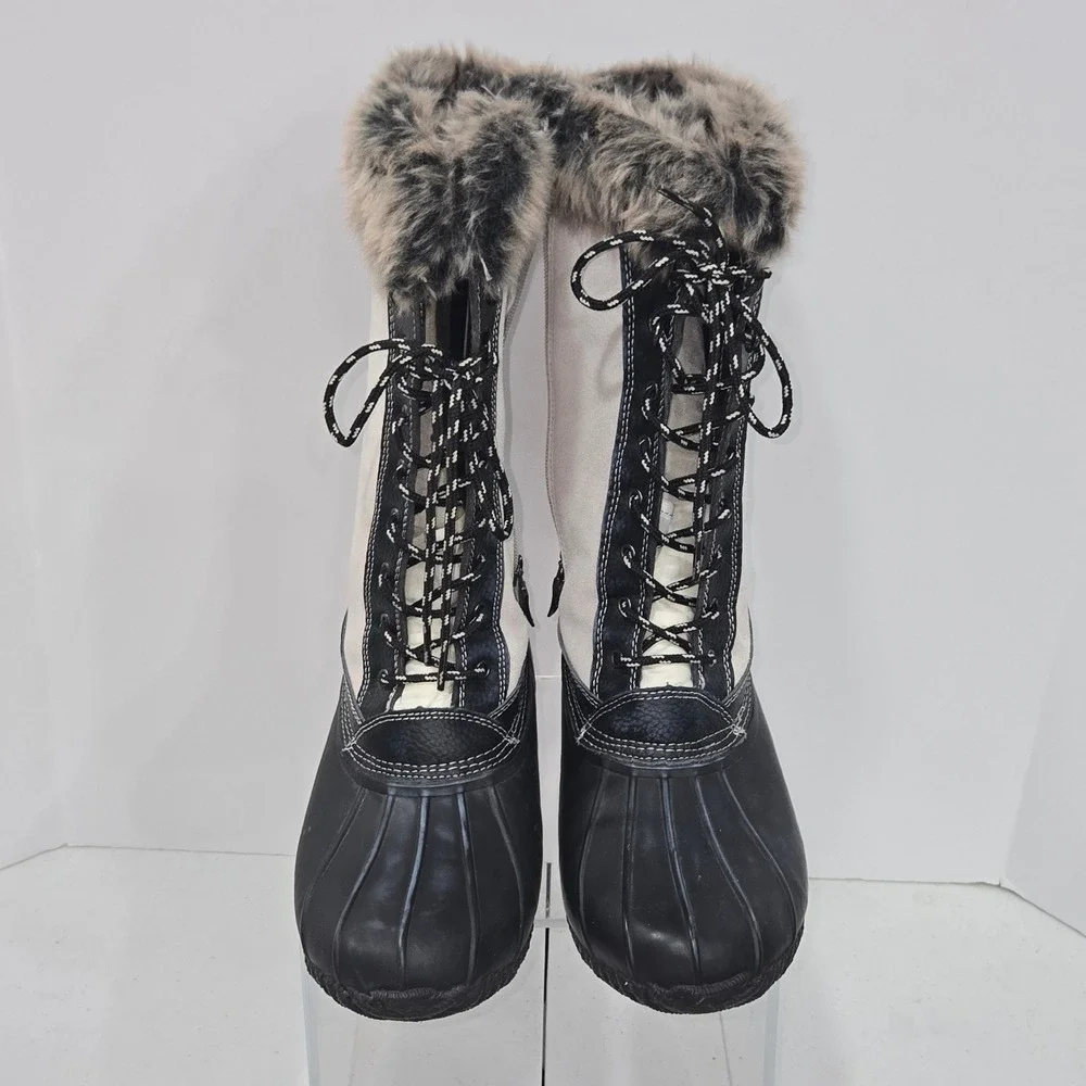Sporto Nasha Womens Duck Boots Black White Faux Fur Trim Lace Up Size 11M